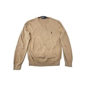 Polo By Ralph Lauren Tan Pima Cotton V-neck Sweater Women's Medium Burgundy Logo